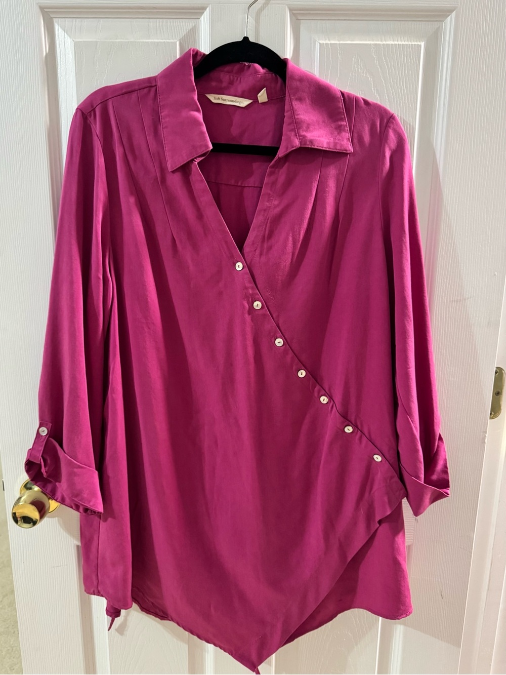 Soft Surroundings Magenta Washed Tencel Asymmetrical Button Wrap Tunic Large
